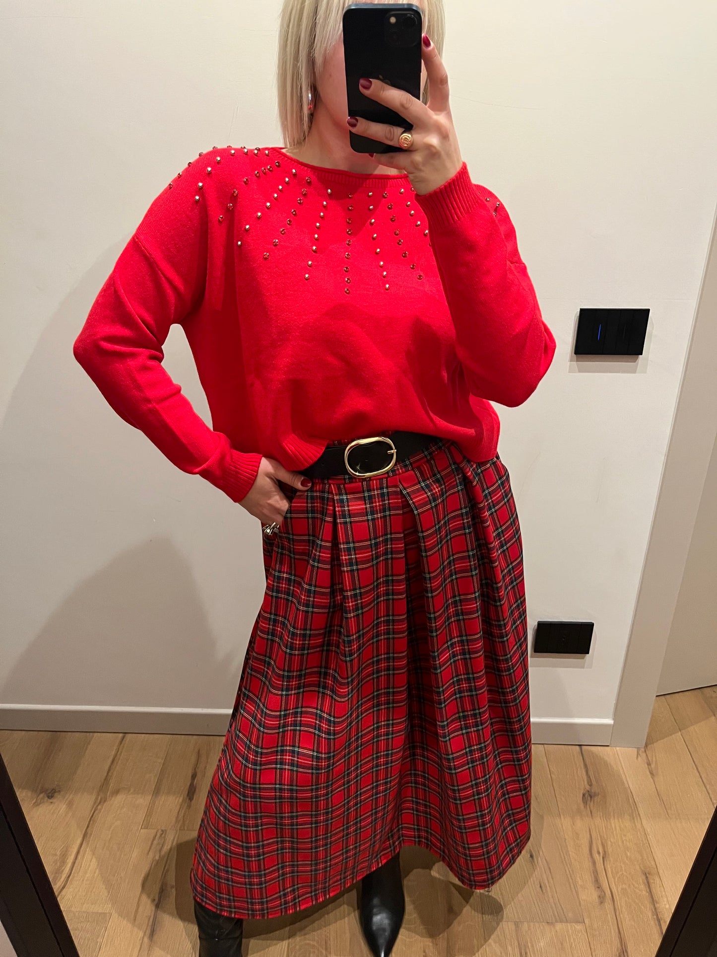 Maglione Strass e Perle Rosso