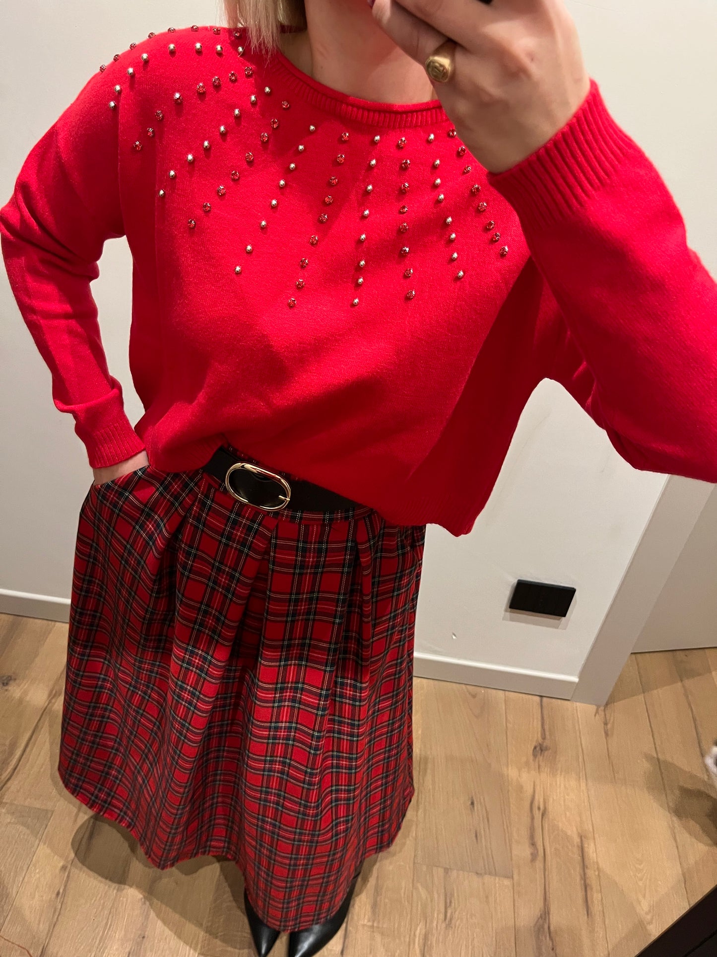 Maglione Strass e Perle Rosso