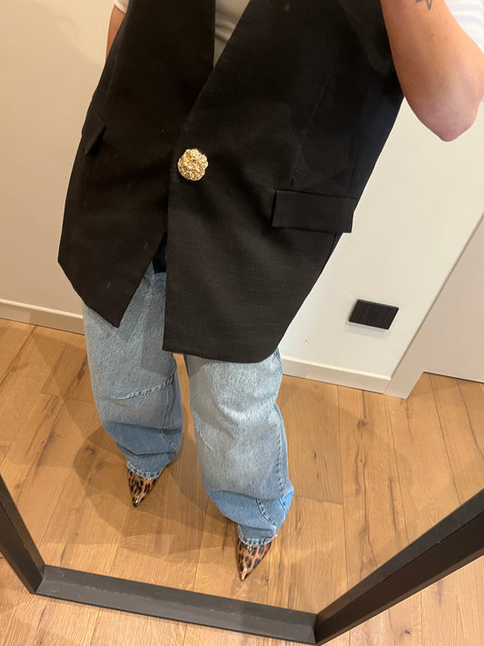 Gilet Ricamato con Spilla Nero