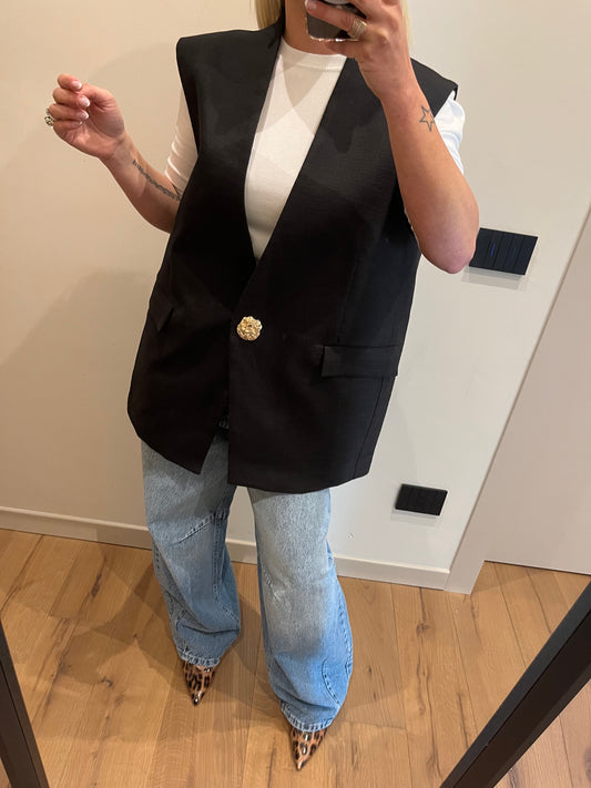 Gilet Ricamato con Spilla Nero