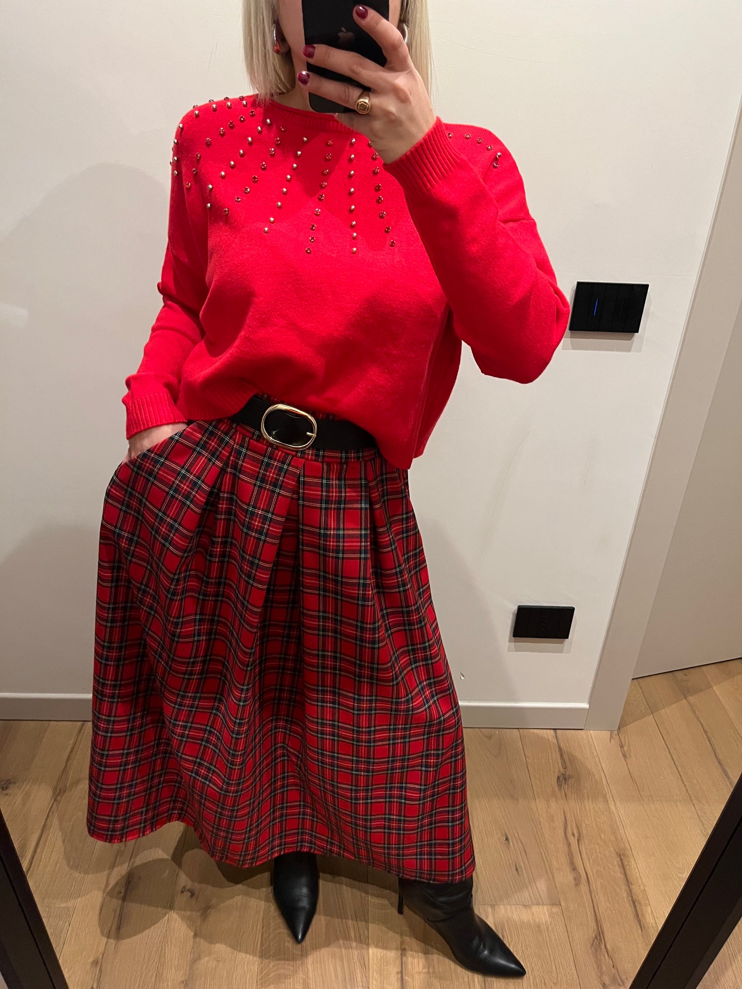 Maglione Strass e Perle Rosso