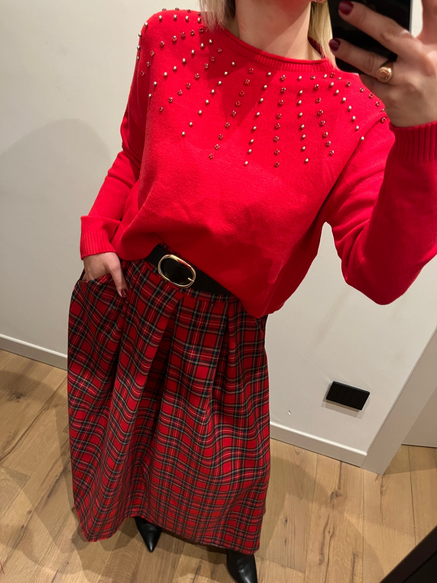 Maglione Strass e Perle Rosso